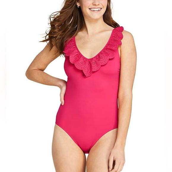 Draper James Other - Draper James X Lands End Red Ruffle Neck One Piece Swimsuit Sz 20W